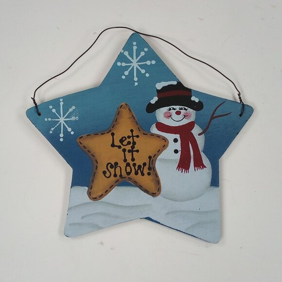 "Let is Snow!" Snowman Winter Scene Crafty Painted Wood Christmas Star Ornament - Picture 1 of 3